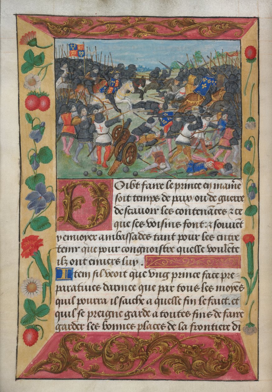 Cotton Vespasian A xvii、f.13v、白い馬に乗ったイングランドの王、逃げるフランスの王を追いかける、Robert de Balsac の「王子の指導のための戦争に関するマニュアル」、1490 年代 (ベラム) より 作： 英語学校