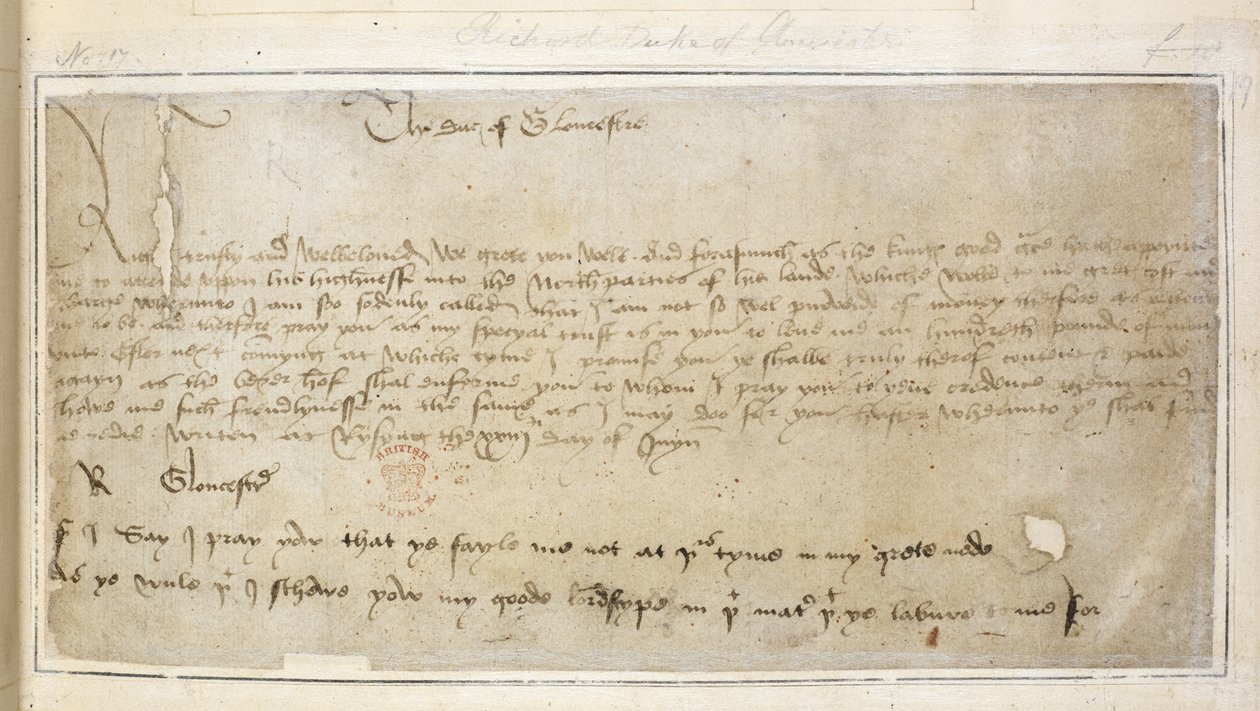 Cotton Vespasian MS F III f.19 ジョン・セイ卿へのリチャードの最初の現存する手紙 作： 英語学校