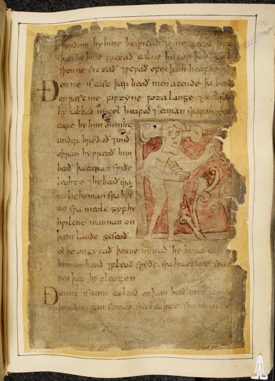 Cotton Vitellius A. XV f.104r、パノティ、つまり、茎に突き出た耳を持ち、弓のように見える物体を持っている男性、ベオウルフのイラスト、「ノーウェルコーデックス」（羊皮紙のインク）から 作： 英語学校