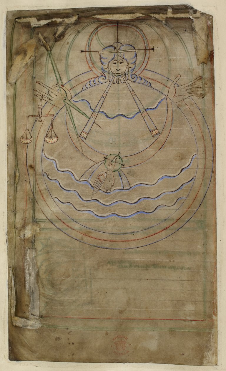 Cotton ms tiberius c vi f007v 創造の図式表現、「Tiberius Psalter」のイラスト、ウィンチェスター、c.1050 (ベラム) 作： 英語学校