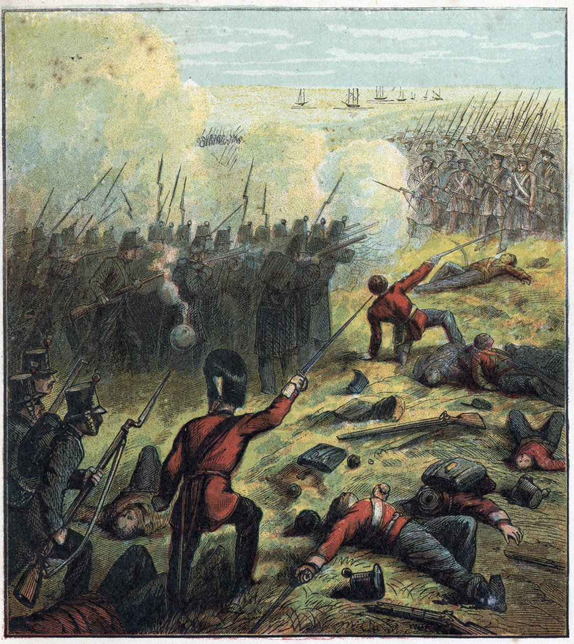ロシアとオスマン帝国の間で起きたクリミー戦争（1853-1856）：フランスとイギリスはトルコと同盟し、1854年10月17日から1855年9月8日までロシアの港セバストポリを包囲した。セバストポリの包囲戦」の様子 作： 英語学校