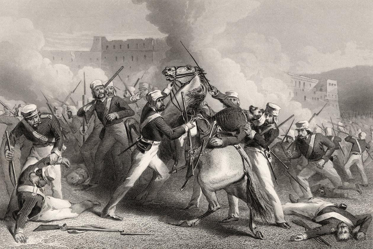 1858年に発行された「インディアン反乱の歴史」からの1858年4月15日、ルードモウ砦への攻撃における准将エイドリアンホープの死 作： 英語学校