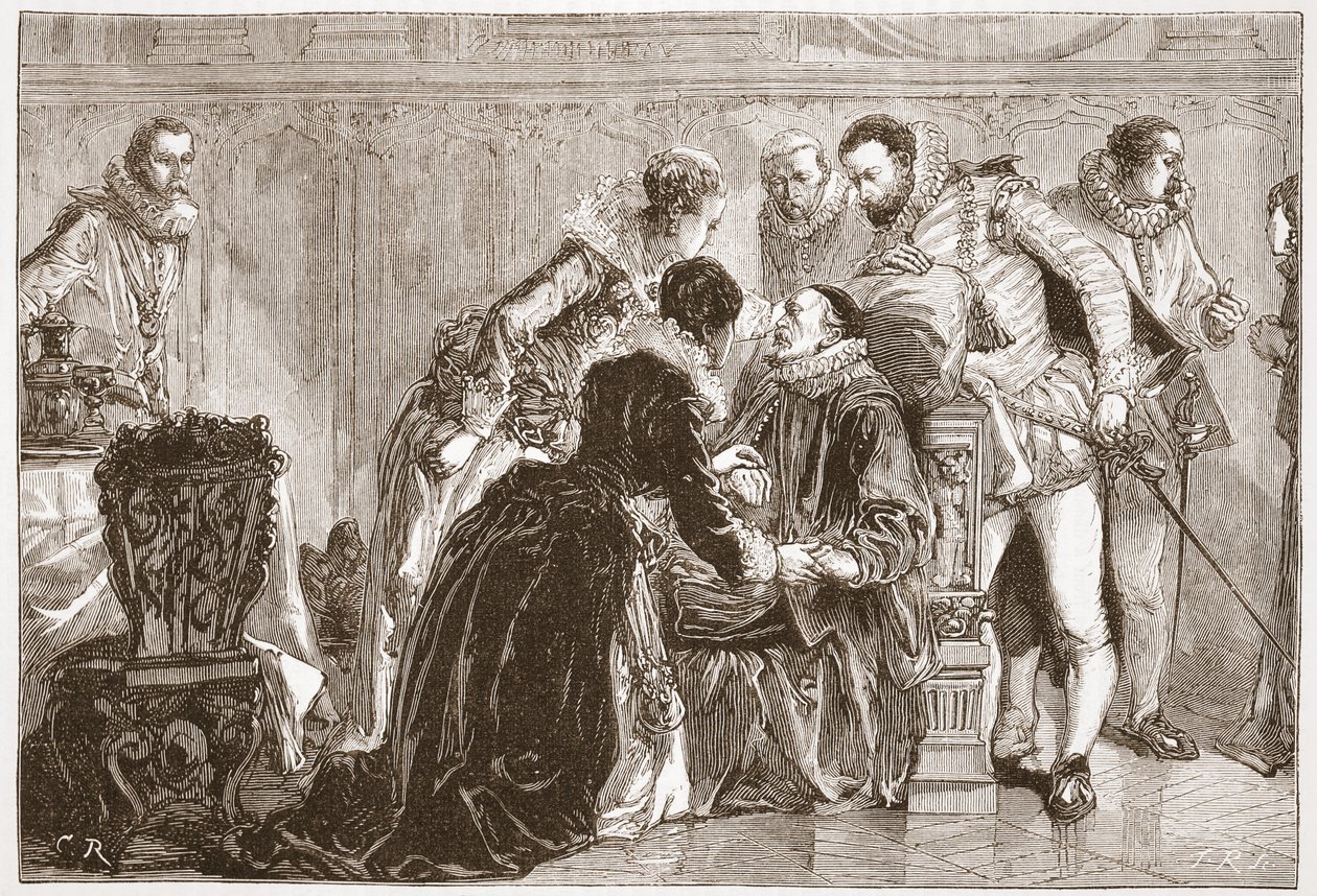ジェームズ・エイトケン・ワイリー（1808-1890）による「プロテスタントの歴史」からのイラスト、ウィリアム・ザ・サイレント、オレンジ王子の死、パブ。 1878年（彫刻） 作： 英語学校