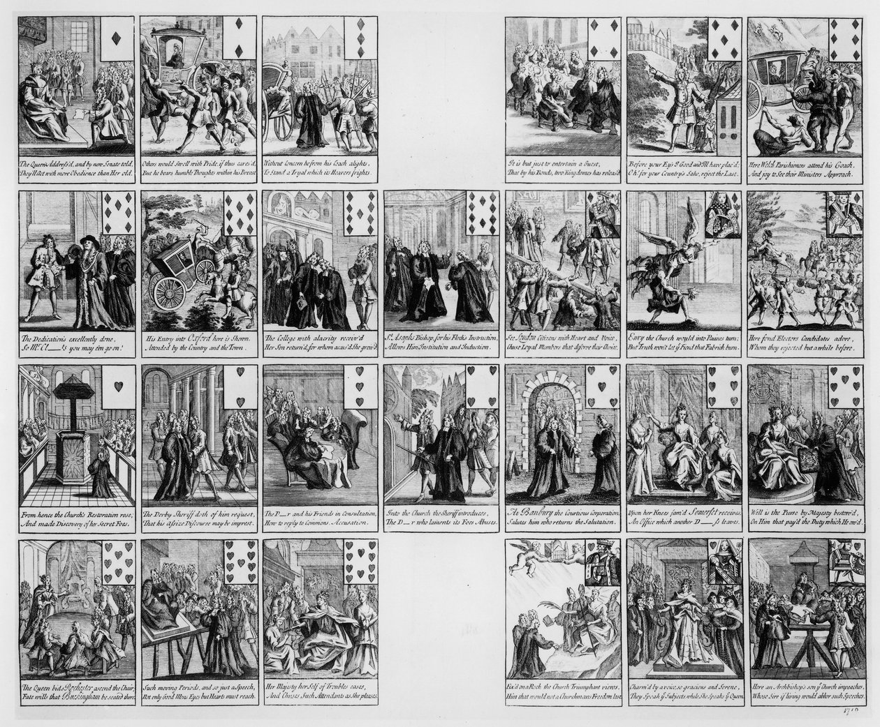 アン女王の治世のシーンが描かれたカードのデッキ、1704年 作： 英語学校