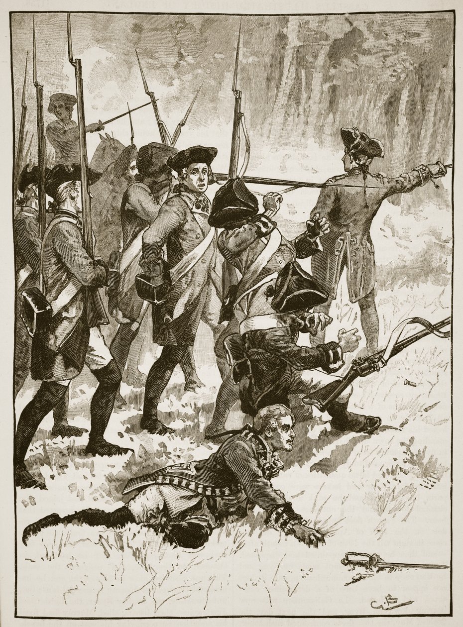 1755年、インドの待ち伏せでのブラドック将軍の敗北、カッセルズイラストレイテッドイングランドオブイングランドのイラスト（セピア写真） 作： 英語学校