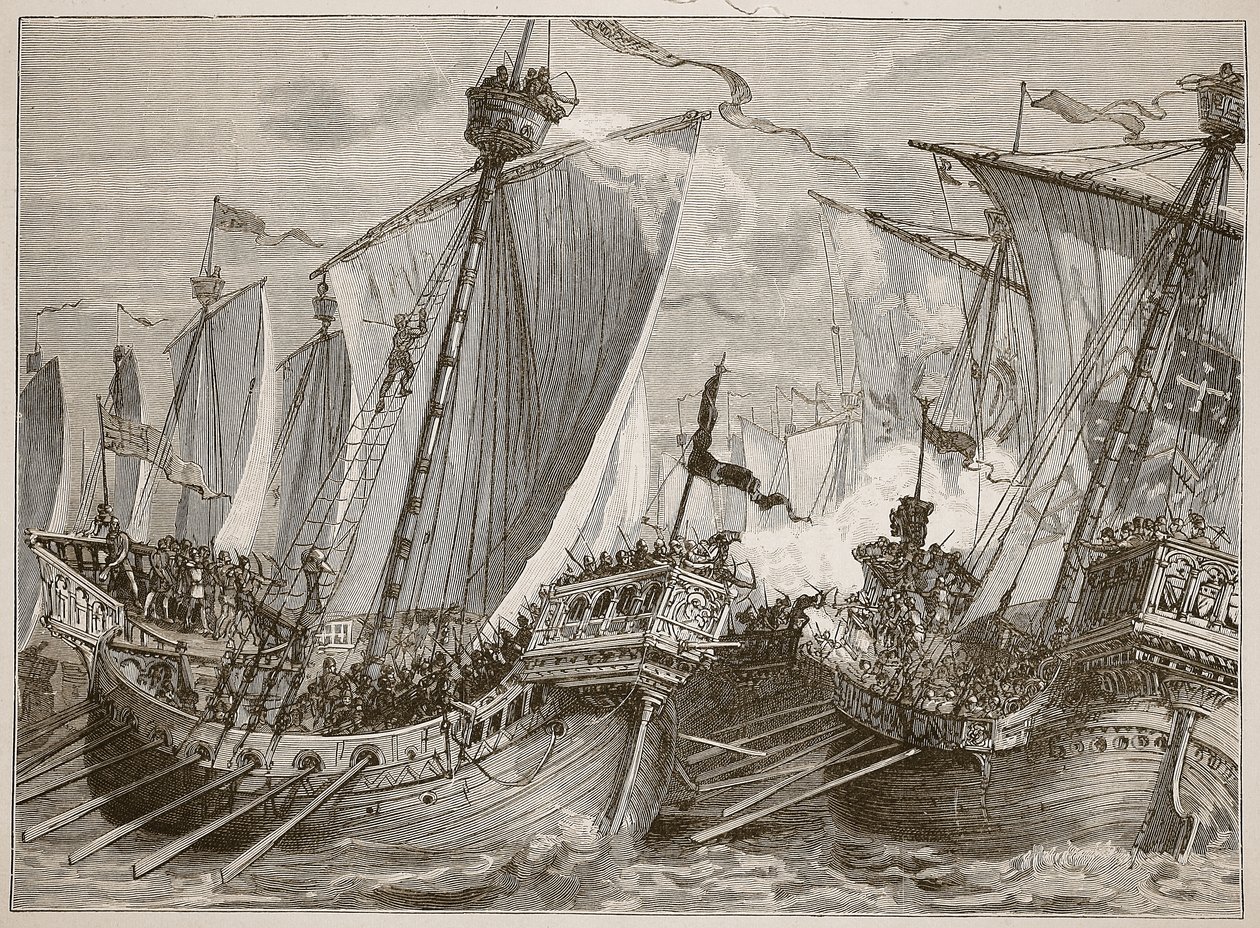 イギリス海峡におけるフランス艦隊の敗北、カッセルズイラストレイテッドイングランドオブイングランドのイラスト（セピア写真） 作： 英語学校