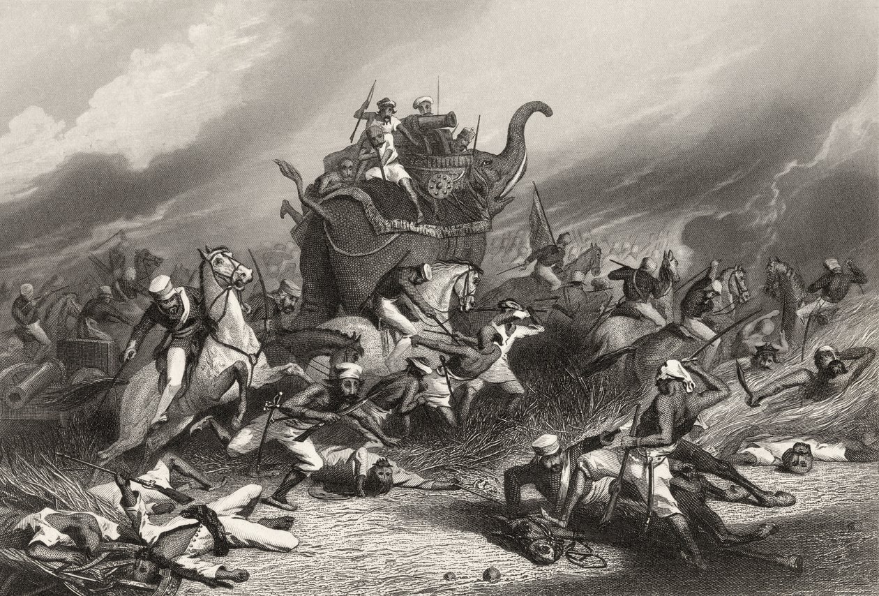 1858年に出版された「インディアン反乱の歴史」による、1858年4月1日のローズ将軍によるジャンシの前のパイシュワス軍の敗北 作： 英語学校