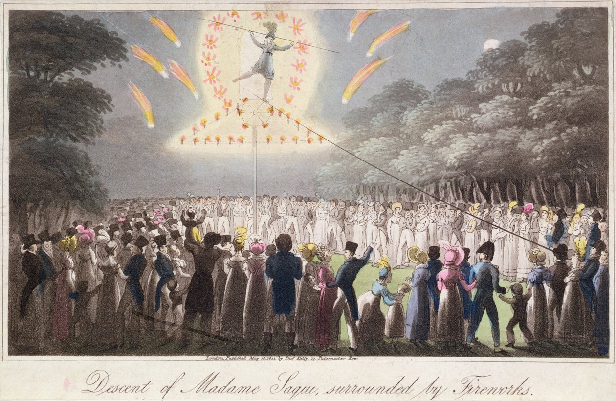 花火に囲まれたマダム・サキの降下、トーマス・ケリー（fl.1820-55）の出版物、ロンドン 作： 英語学校