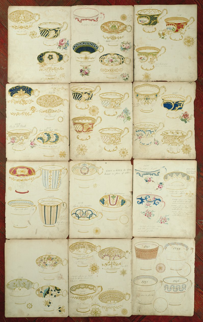 ダニエルファクトリー、スタフォードシャー、c.1845で生産された茶碗のデザイン（ガッシュ、トイレ、紙にインク） 作： 英語学校