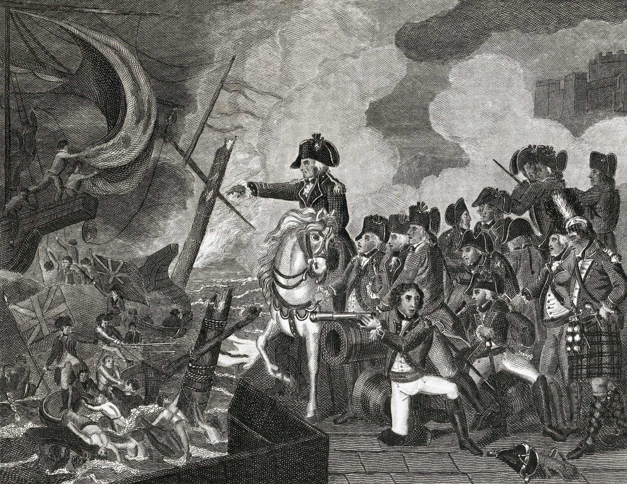 1816年にH.Cookによって刻まれた、ジブラルタル前の砲艦の破壊 作： 英語学校