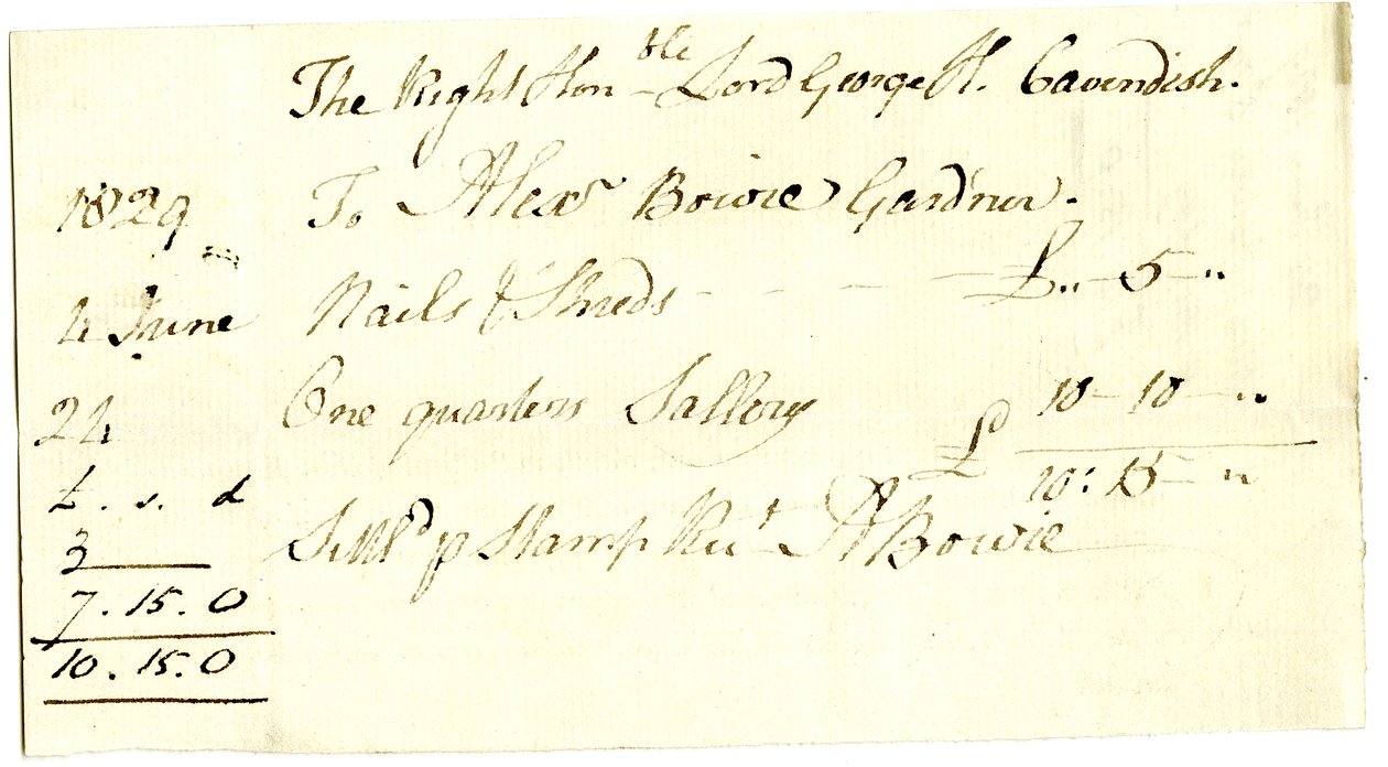 Devonshire MSS AS 3101, folio, Pinder SimpsonがLord George Cavendishのために決済した請求書の束から、Alexander Bowieの請求書を含む。 作： 英語学校