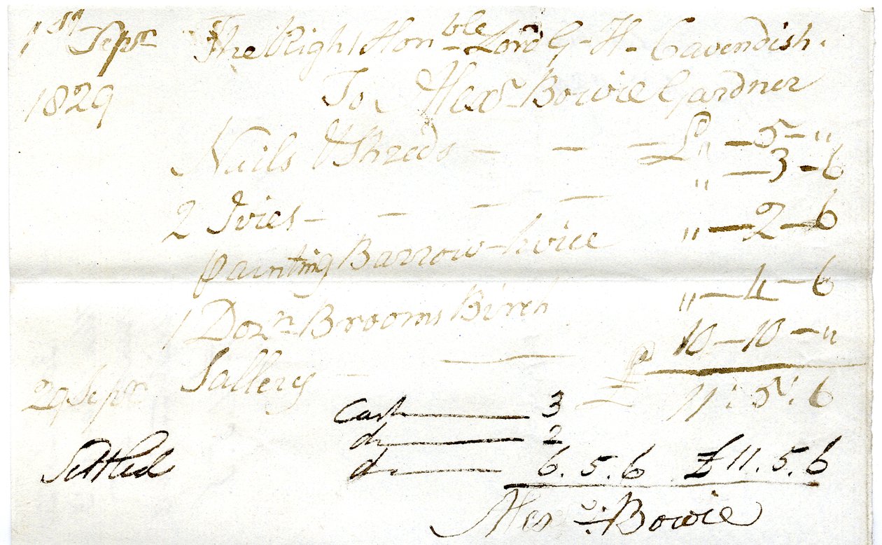 Devonshire MSS AS 3101, folio, Pinder SimpsonがLord George Cavendishのために決済した請求書の束から、Alexander Bowieの請求書を含む。 作： 英語学校