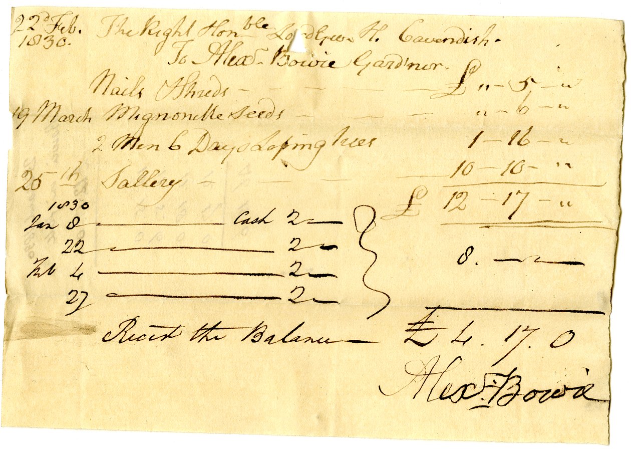 Devonshire MSS AS 3101, folio, Pinder SimpsonがLord George Cavendishのために決済した請求書の束から、Alexander Bowieの請求書を含む。 作： 英語学校