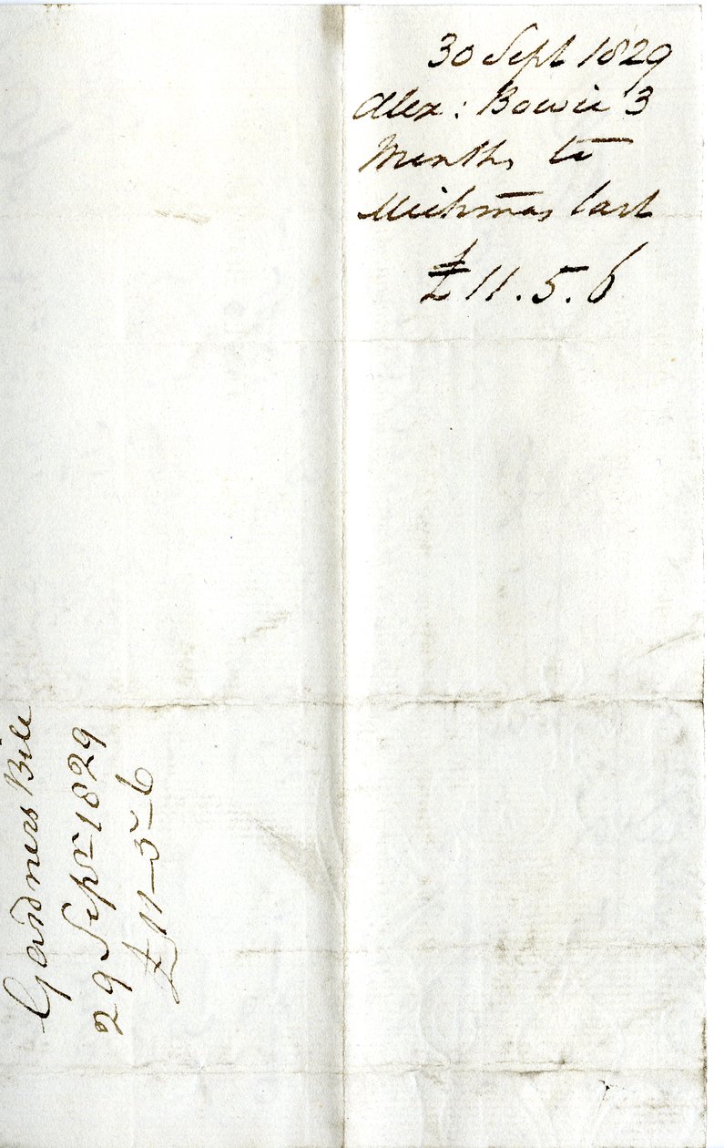 Devonshire MSS AS 3101, folio, Pinder SimpsonがLord George Cavendishのために決済した請求書の束から、Alexander Bowieの請求書を含む。 作： 英語学校