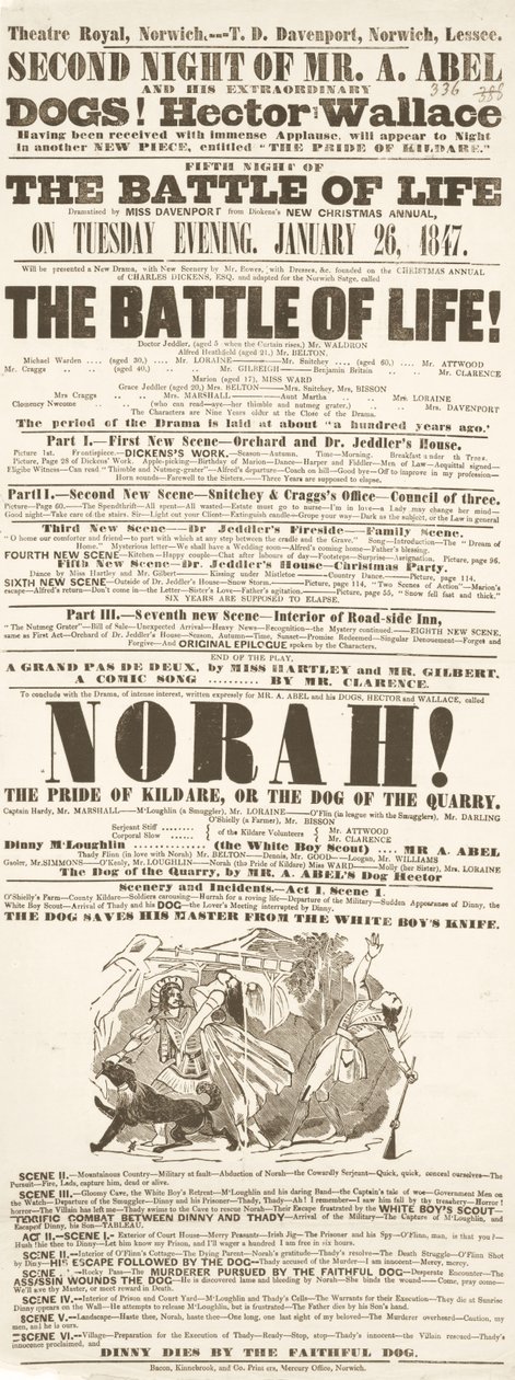 ディケンズのビラ：1847年1月26日、ノリッジのシアターロイヤルでの生命の戦い 作： 英語学校