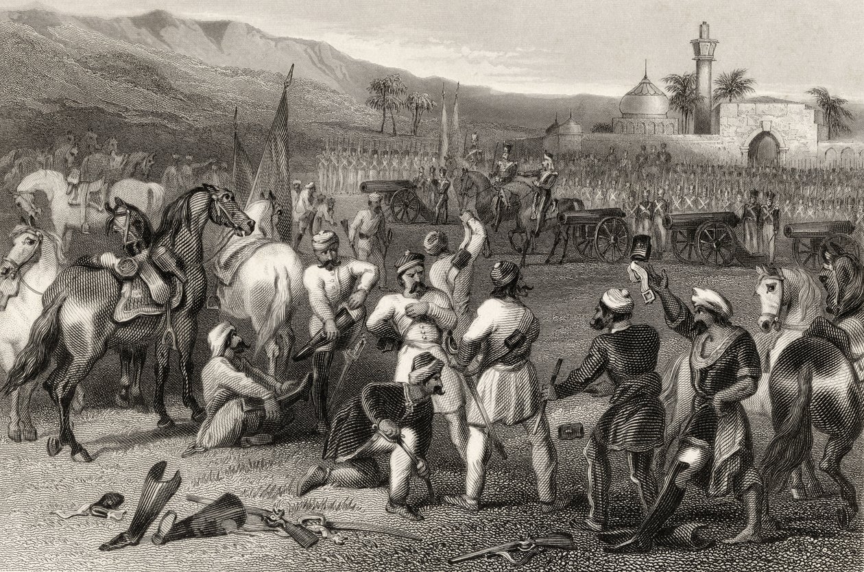 1857年に発行された「インディアン反乱の歴史」からの1857年のバーハンポアでの第11不規則騎兵の武装解除 作： 英語学校