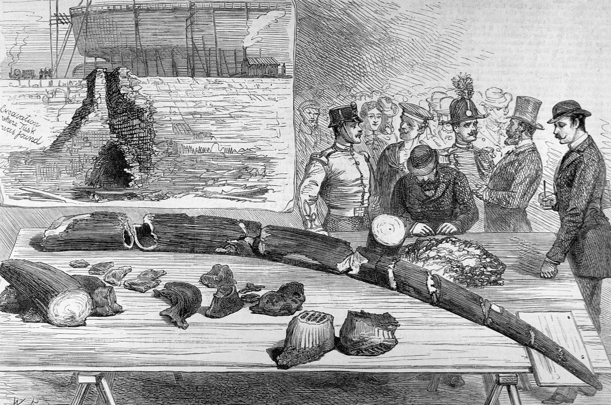 1882年1月21日、イラストレイテッドロンドンニュースからトスカーナのレグホーンで化石遺跡を発見 作： 英語学校