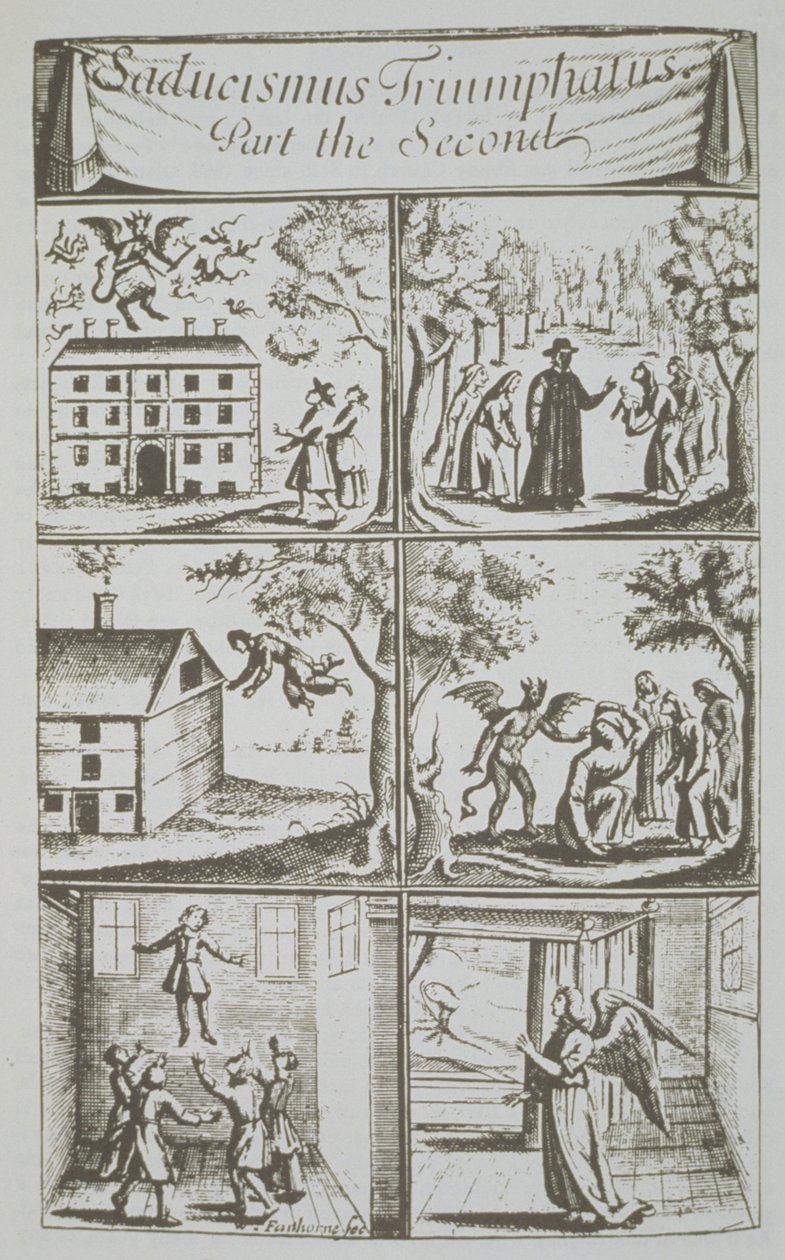 19世紀後半に出版されたマジックの歴史で使用された、ジョセフグランビル、ロンドン1681年のサダムジスムストライアンファタスパートIIのイラストのコピー、悪魔の多様な症状 作： 英語学校