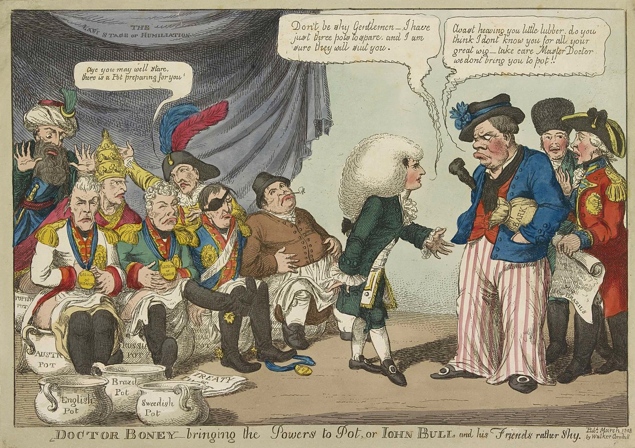 ジョン・ブルとその仲間たちは、恥ずかしがり屋です。1808年（手彩色彫刻）。 作： 英語学校