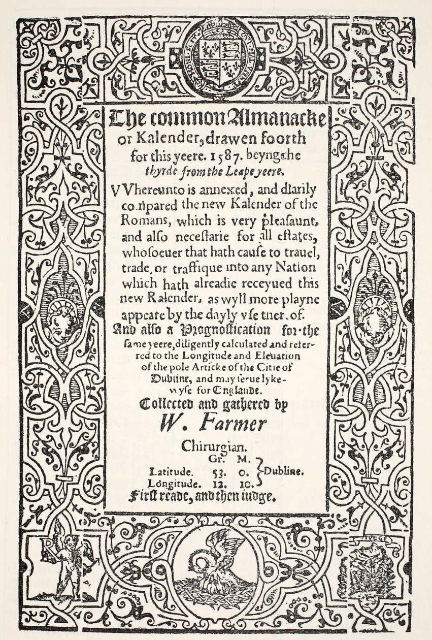 W. Farmerによる1587年のダブルアルマナック（共通および新規）と1587年のダブリンの予測、WatkinsおよびRobertsによる印刷、1587 作： 英語学校