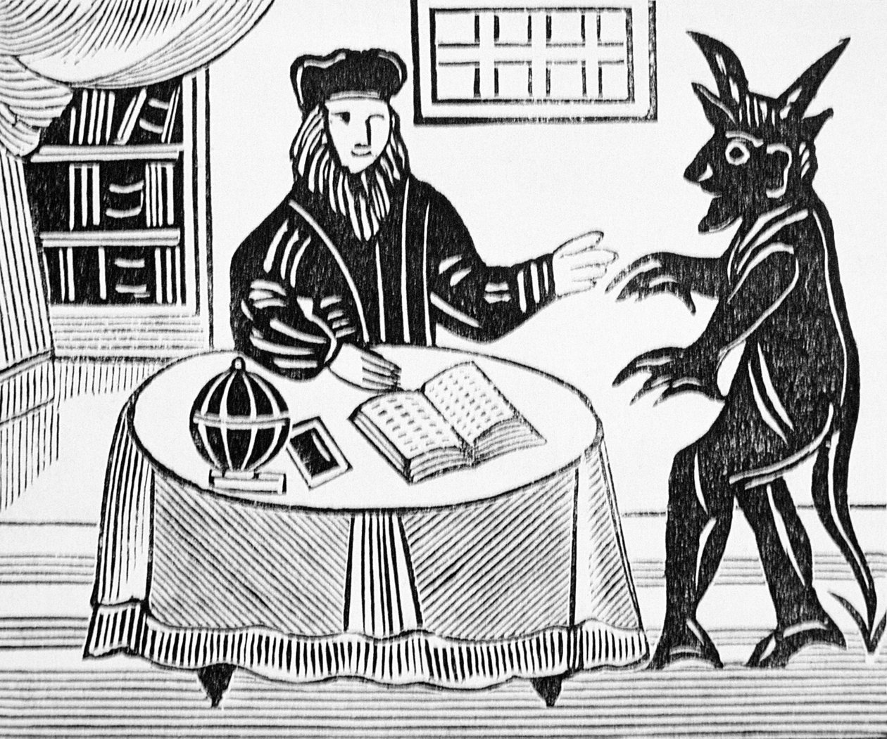 悪魔とのカウンセルにおけるファウスト博士、クリストファー・マーロウ（1564-93）によるファウスト博士の紳士語訳から、esotericaのチャプブック集から1648 作： 英語学校