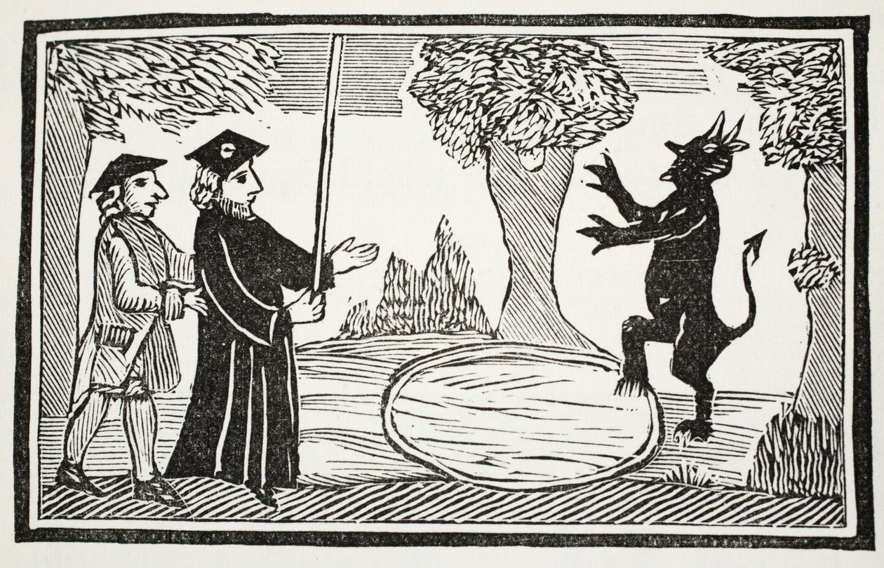 ファウトゥス博士は、パブのジョンアシュトンによる18世紀のチャップブックのイラストから悪魔を育てています。 1882 作： 英語学校