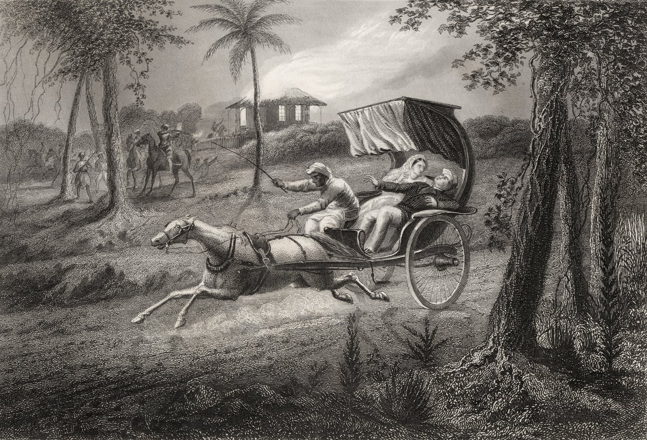 グラハム博士は、1857年に発行された「インドの反乱の歴史」から、1857年にシールコートの反逆者たちによってバギーを撃ちました。 作： 英語学校