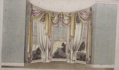1820年に出版された「アッカーマンの芸術のリポジトリ」の108ページに掲載されている円形窓用ドレープリー（カラーリトグラフ）。 作： 英語学校
