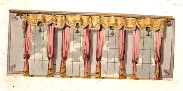 ドローイングルームの窓のカーテン、1816年発行のアッカーマンの「芸術のリポジトリ」のプレート92（カラーリトグラフ） 作： 英語学校