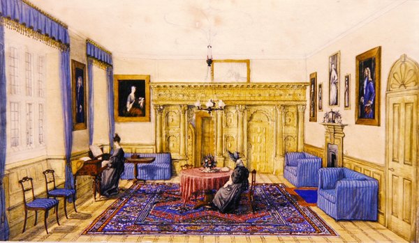 カントリーハウスのドローイングルームのインテリア 1830年頃（紙に水彩画） 作： 英語学校