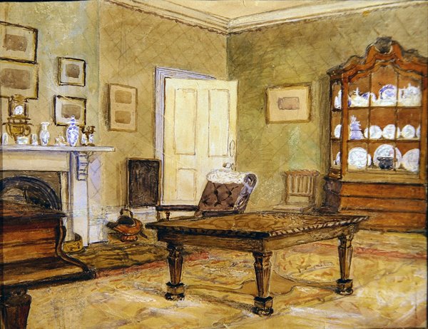 陶磁器コレクションのある応接室のインテリア 1890年頃 （紙に水彩画） 作： 英語学校