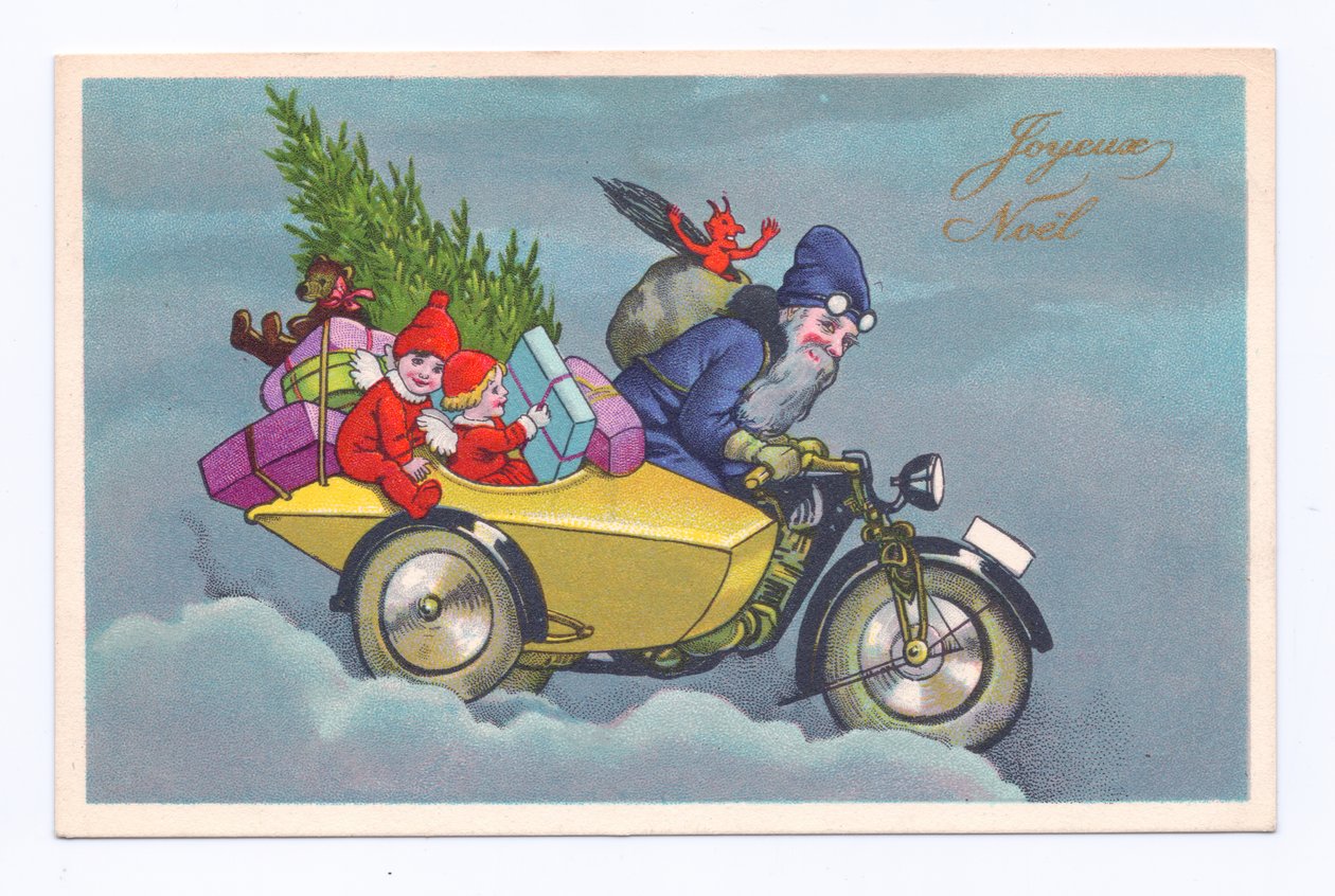 ヴィンテージのサイドカー・バイクを運転するファーザー・クリスマスと子供たち、プレゼントが描かれたエドワーディアンのクリスマス・ポストカード、1910年頃（カラーリトグラフ） 作： 英語学校