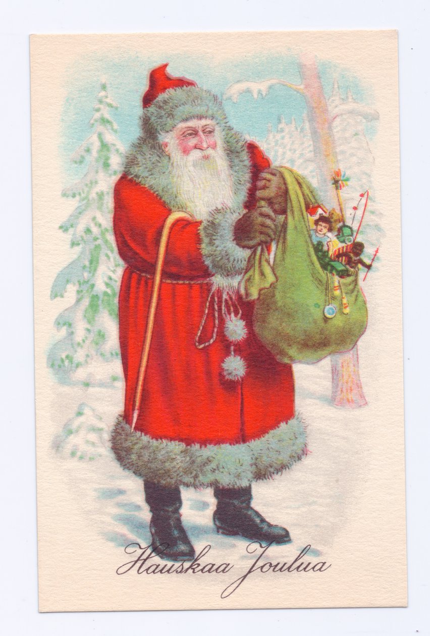 おもちゃ袋を抱えたファーザー・クリスマスのエドワーディアン・ポストカード 1910年頃（カラーリトグラフ） 作： 英語学校