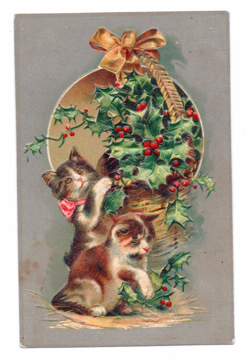 ヒイラギと戯れる2匹の猫を描いたエドワーディアンの絵葉書 1910年頃（カラーリトグラフ） 作： 英語学校