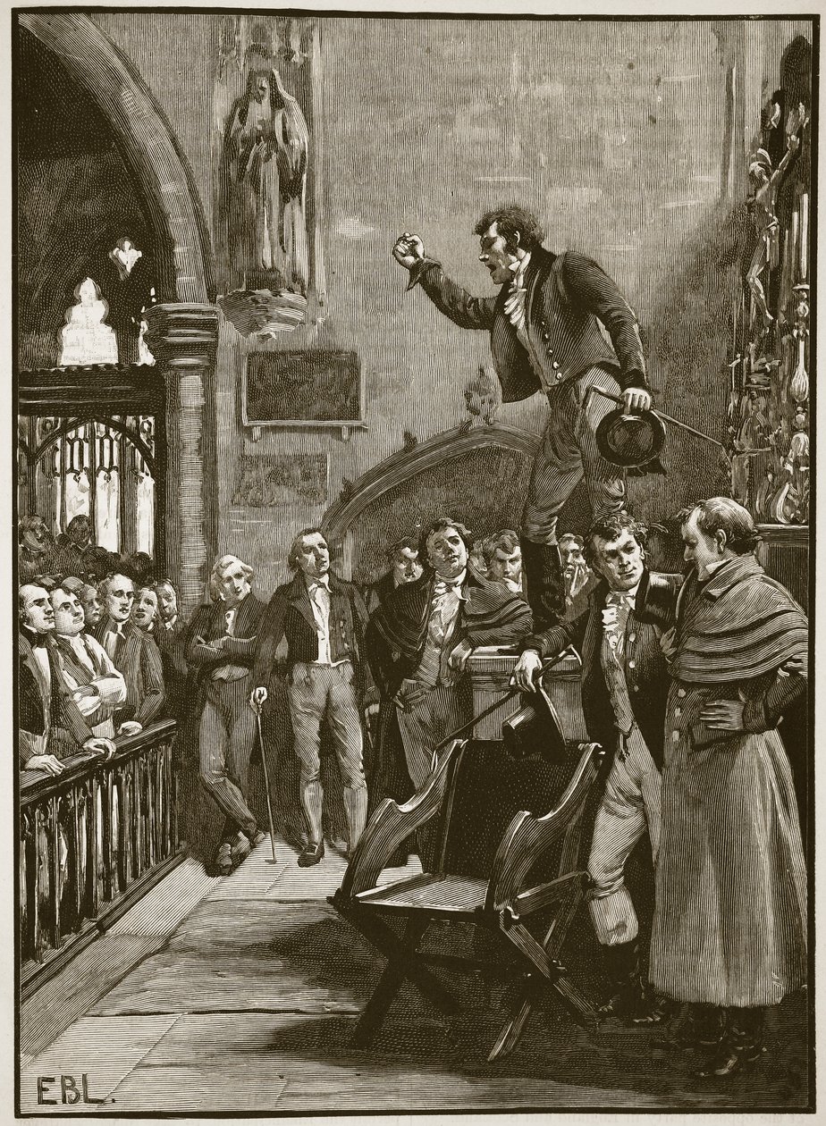 アイルランドの選挙会議、1825年、イングランドのカッセルズイラストレイテッドヒストリーからのイラスト（セピア写真） 作： 英語学校