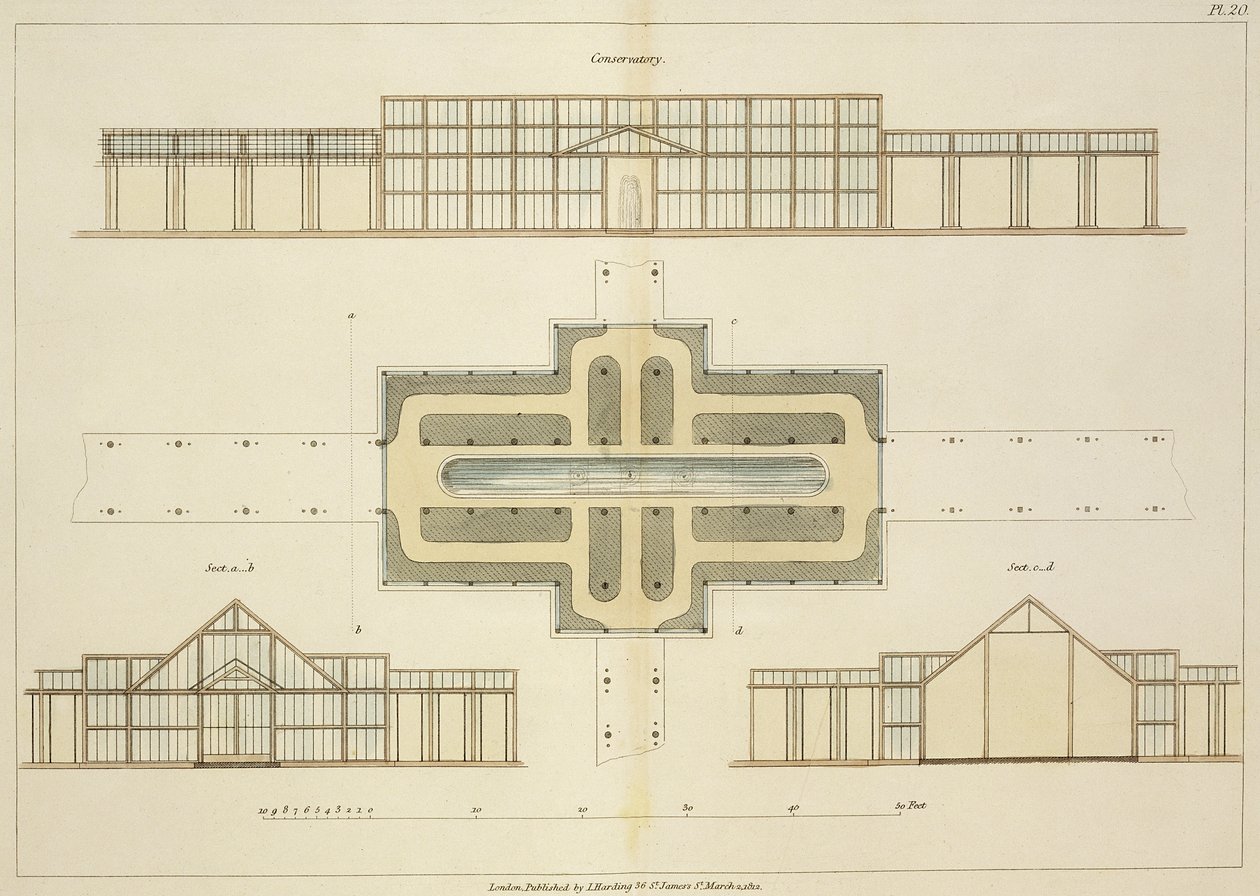 1812年に出版されたジョンクラウディウスラウドン（1783-1843）による庭園と遊園地の形成に関するヒントからの温室の標高と平面図 作： 英語学校