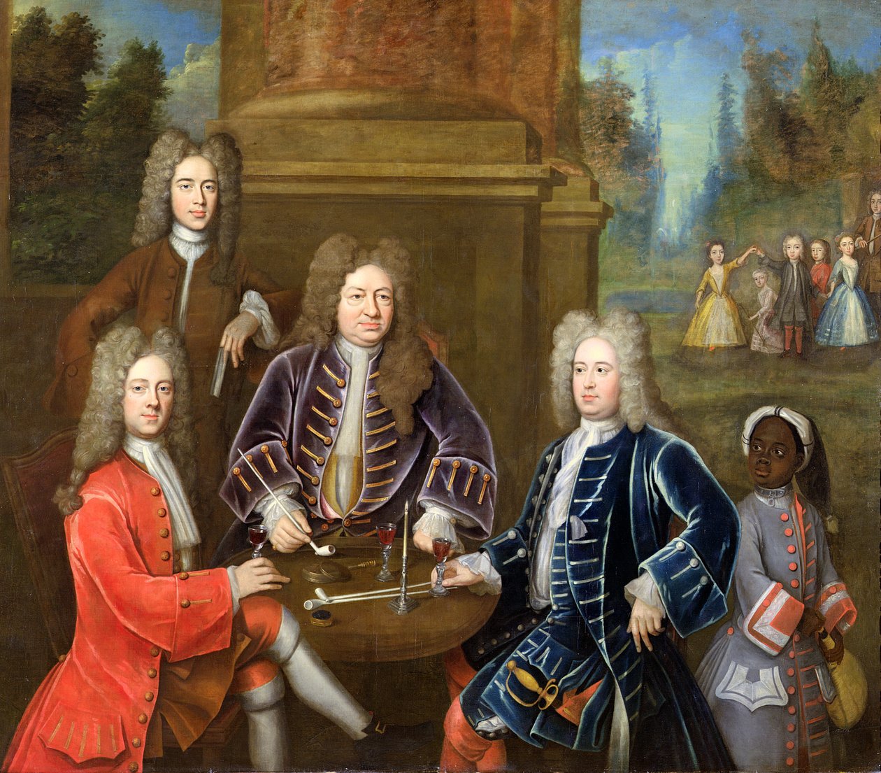 エリフイェール（1648〜1721年）デボンシャーの2番目の公爵、ジェームズキャベンディッシュ卿、タンスタル氏とページ、1708年頃 作： 英語学校
