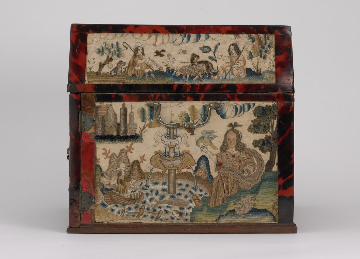 刺繍された棺 1660年頃（絹、キャンバス、木、べっ甲、銀製の台紙 作： 英語学校