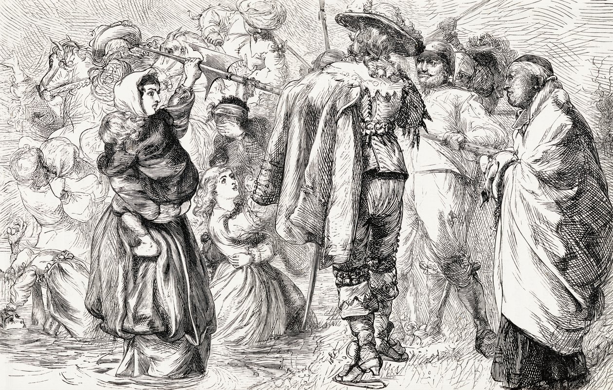 1641年のアイルランドの反乱、1865年、アイルランドのカトリック教徒によって溺死した英語のプロテスタント（木版画） 作： 英語学校