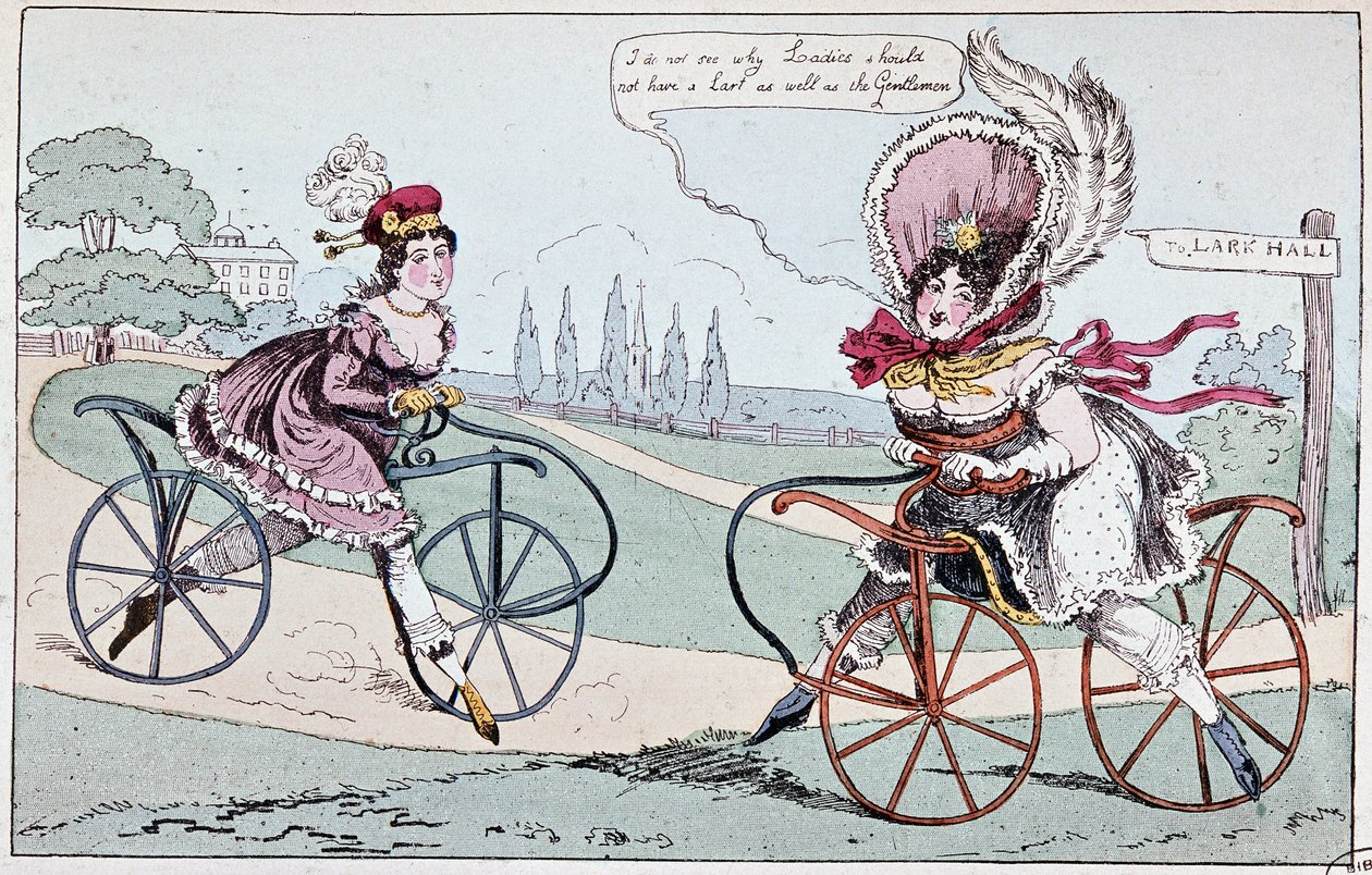 1819年の趣味の馬（最初の自転車）を題材にした英語の漫画 - ボードリ・ド・ソルニエの「Le cycling théorique et pratique」に掲載。 作： 英語学校