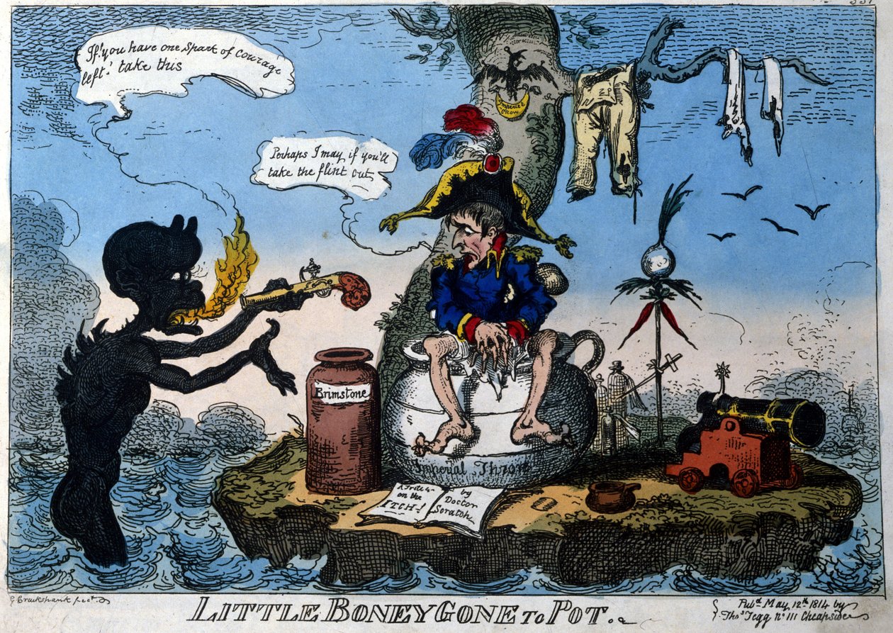 皇帝ナポレオン1世がエルバ島に亡命している様子を描いたイギリスの漫画。チャンバーポットの形をした新しいトローンに座り、悪魔から「使う勇気があるならピストルをくれ」と言われています。1814年5月 作： 英語学校