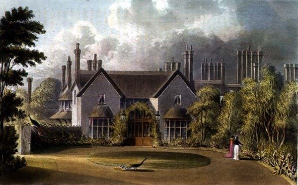 R.アッカーマン（1764-1834）の「芸術のリポジトリ」より「ウィンザー・グレート・パークの陛下のコテージの玄関前」。 作： 英語学校
