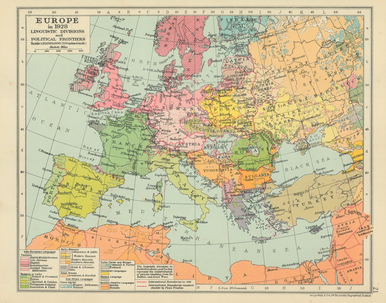 1928年のヨーロッパ 言語分裂と政治的フロンティア（カラーリトグラフ） 作： 英語学校