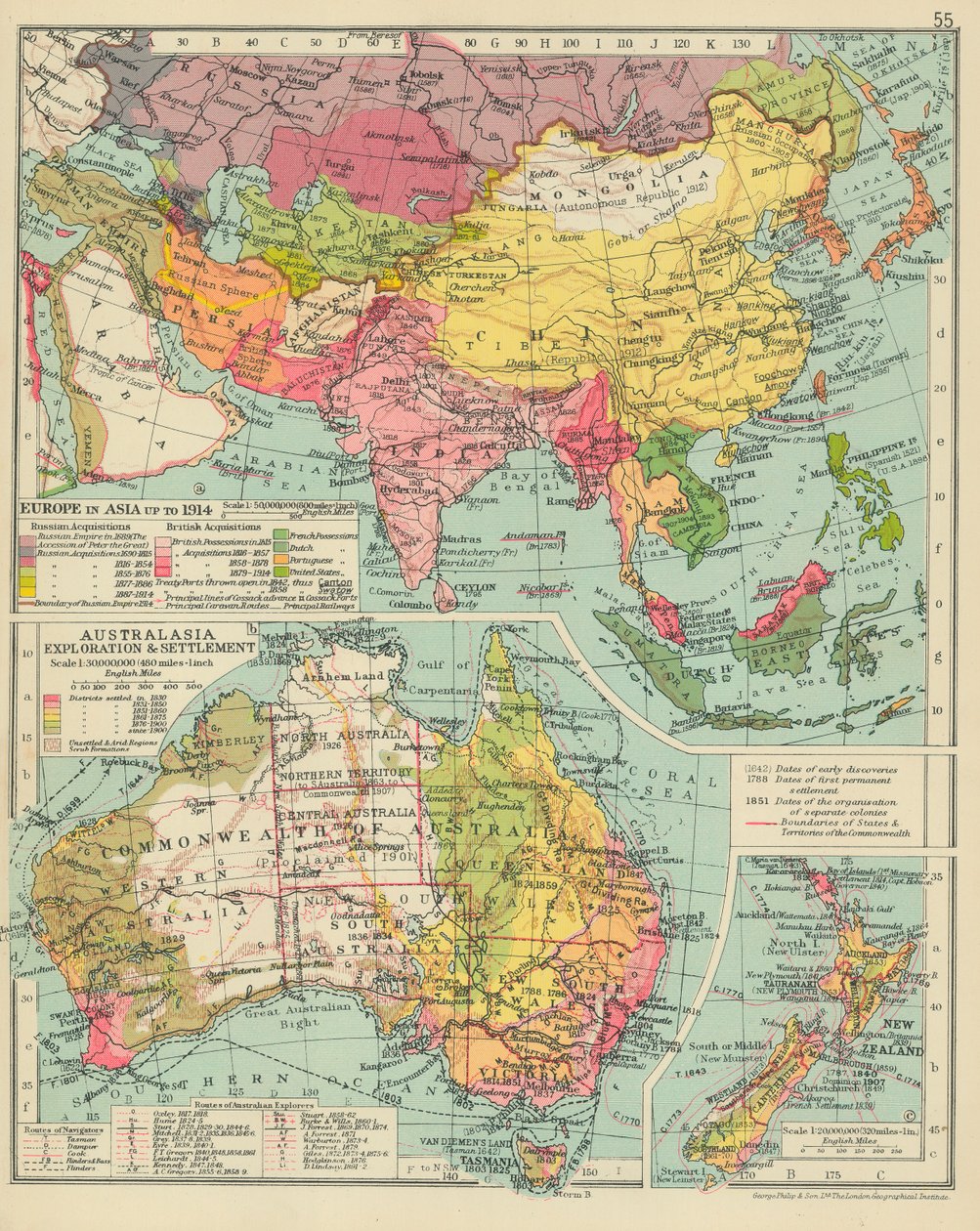 1914年までのアジアにおけるヨーロッパオーストラレーシアの探検と入植（カラーリトグラフ） 作： 英語学校