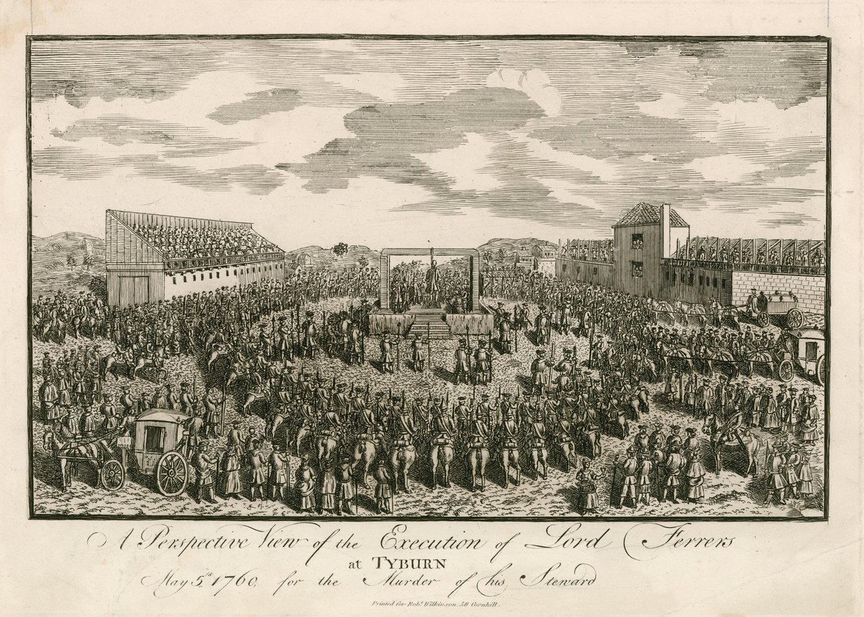 1760年5月5日、執事殺しの罪でタイバーンにて処刑されたフェラーズ卿（エングレーヴィング）。 作： 英語学校