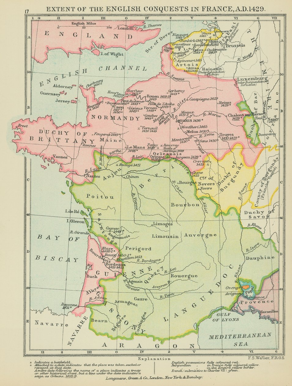 フランスにおけるイングランドの征服の範囲、AD1429年（カラーリトグラフ） 作： 英語学校