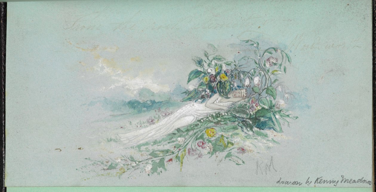 F.7: 花に囲まれた女性、「チャールズ・ディケンズの物語の場面を描いたスケッチブック」より (紙に水彩) 作： 英語学校