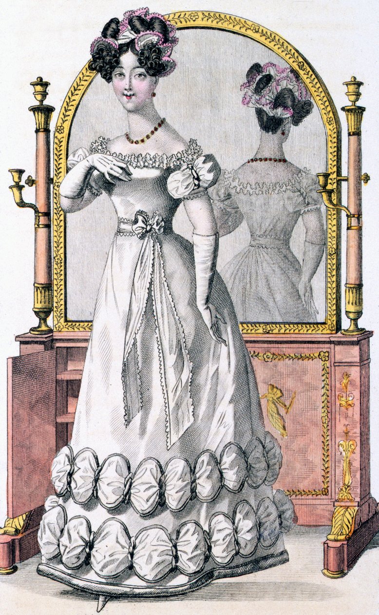 イブニングドレスを着た女性のファッション・プレート、「モード・ド・パリ」の広告、1825年頃（カラー・エングレーヴィング）（100997の詳細 作： 英語学校