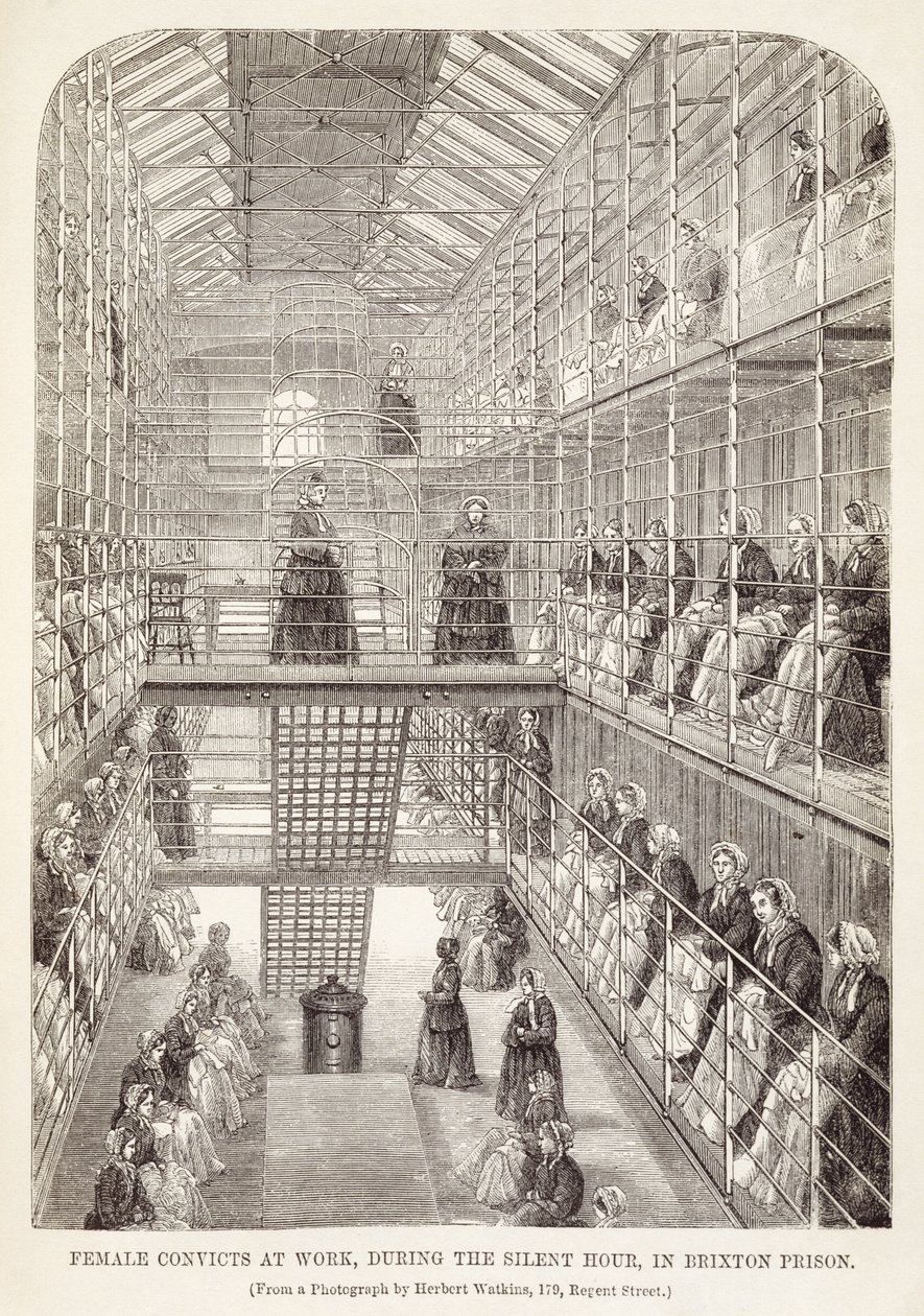 ロンドンの刑務所刑務所とヘンリーメイヒュー（1812-87）とジョンビニー、1860年の刑務所生活の場面からのブリクストン刑務所の静かな時間の間に働いている女性の囚人 作： 英語学校