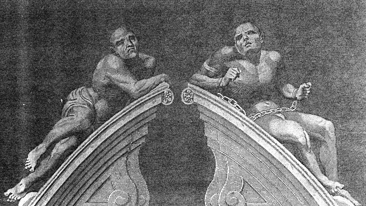 1805年にロンドンのランバート歴史のためにA.ビレルによって彫刻された、ベツレヘム病院のゲートウェイの上の人物 作： 英語学校